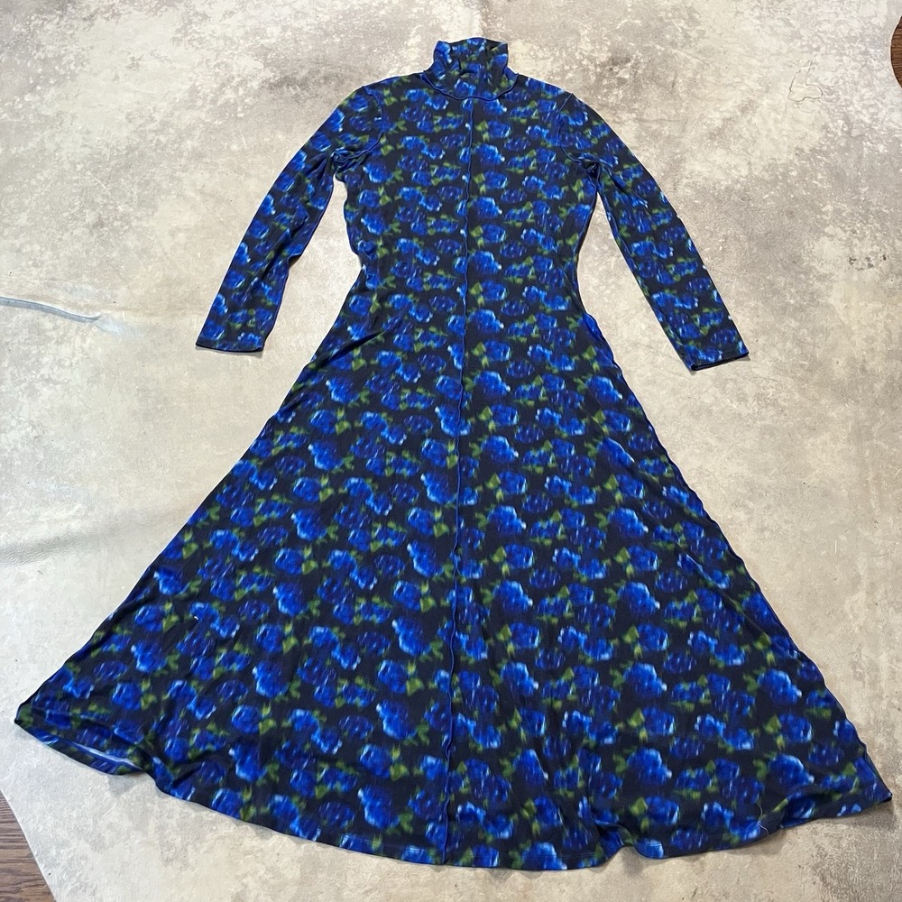 Hunter Bell Kings Hill Maxi Dress M Blue Floral Mock Neck Long Sleeve Stretch